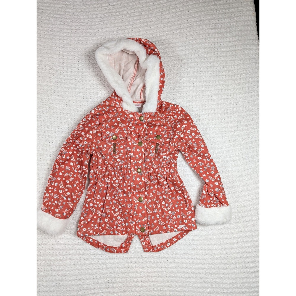 Little Lass Girls 4T‎ Rust Floral Utility Jacket Faux Fur Trim Hooded Parka